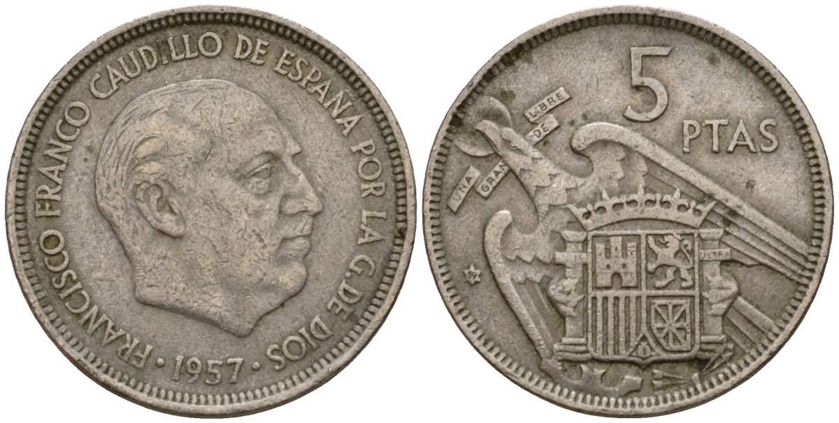 Испания 5 песет 1957 (60) Франсиско Франко (1939-1975) KM 786 медно-никель 186-451