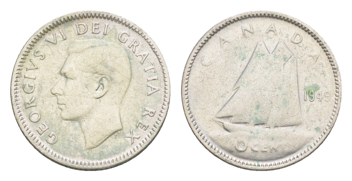 Канада 10 центов 1949 Георг VI (1936-1952), парусник KM 43 серебро 4639-553