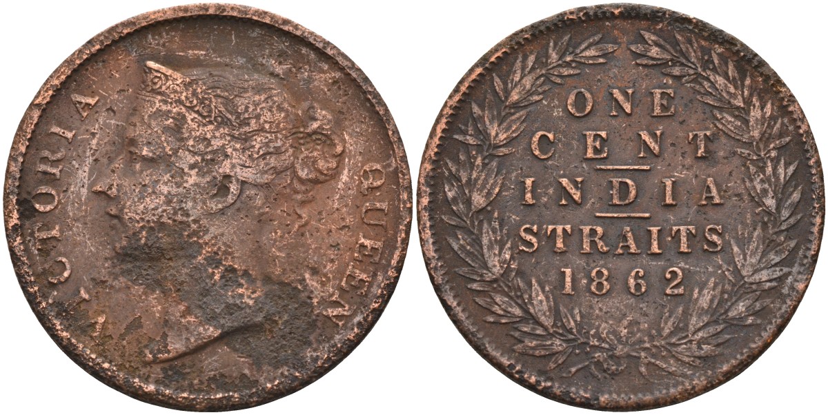 Стрейтс-Сетлментс 1 цент 1862 Виктория (1837-1901), Ост-Индская компания KM 6 медь 4590-232