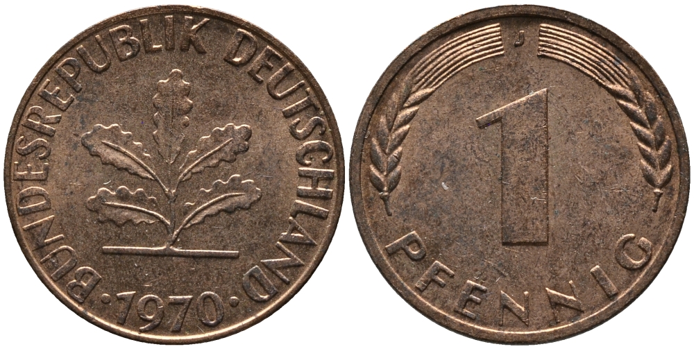 ФРГ 1 пфенниг 1970 J KM 105, J.380 сталь плакированная медью 99-315