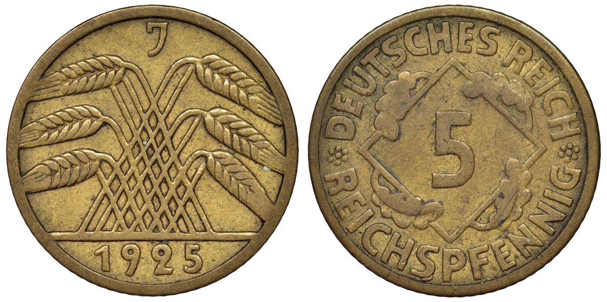 Германия 5 рейхспфеннигов 1925 J KM 39, J. 316 алюминиевая бронза 4124-261