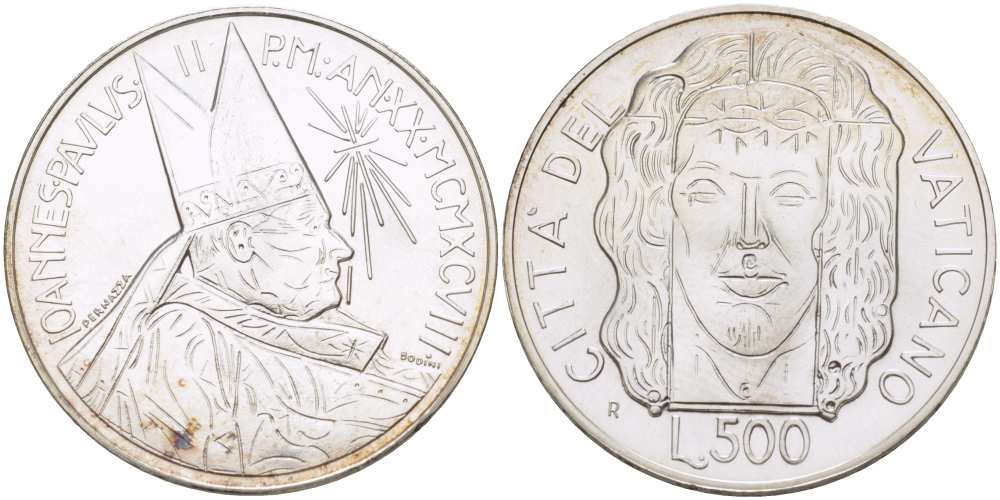 Ватикан 500 лир 1998 XX год, Иоанн Павел II (1978-2005), Туринская плащаница KM 292 серебро  UNC  4512-832