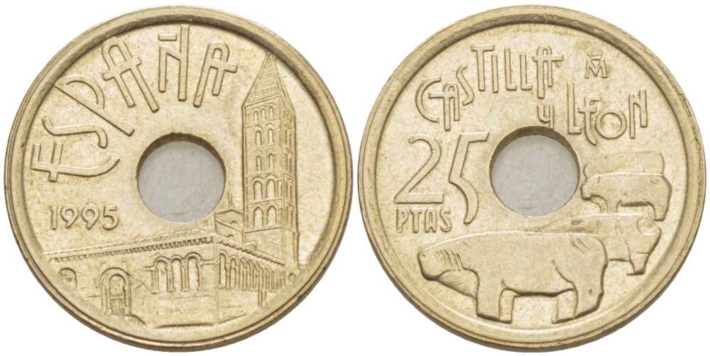 Испания 25 песет 1995 Кастилья и Леон (Castilla y Leon), Хуан Карлос I (1975-2014) KM 948 латунь 213-216