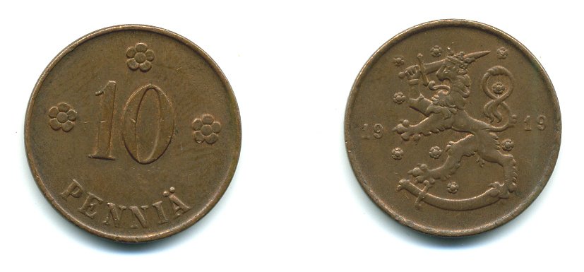Финляндия 10 пенни 1919 KM 24 медь 37-156