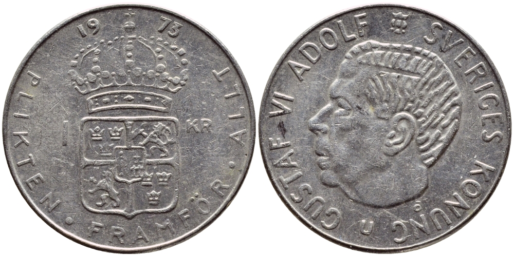 Швеция 1 крона 1973 Густав VI Адольф (1950-1973) KM 826а медь плакированная медно-никелем 4395-215