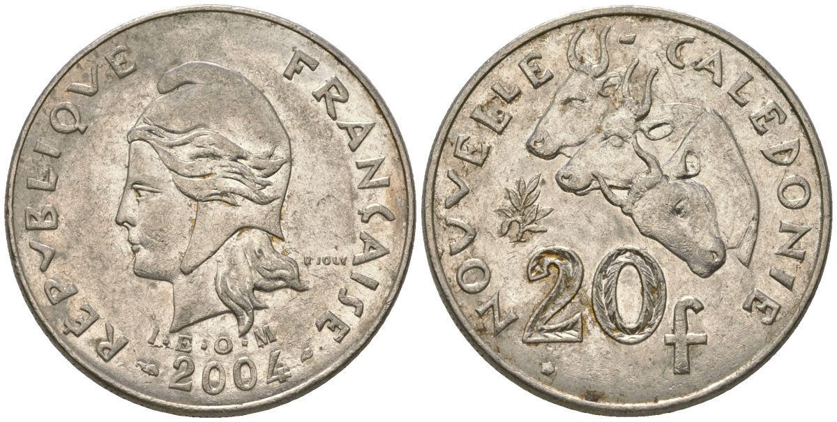 Французская Новая Каледония 20 франков 2004 три быка, (IEOM) KM 12, Schoen 14, Lec 115h никель 81-631