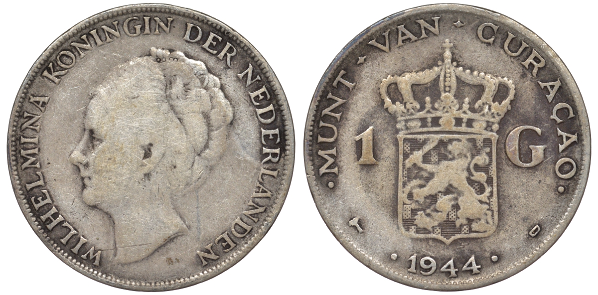 Нидерландское Кюрасао 1 гульден 1944 D, Вильгельмина (1890-1948) KM 45 серебро 36-552