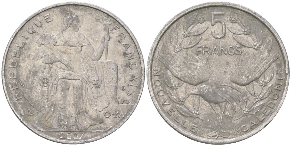 Французская Новая Каледония 5 франков 2007 птица кагу, (IEOM) KM 16, Schoen 12, Lec 81k алюминий 215-233