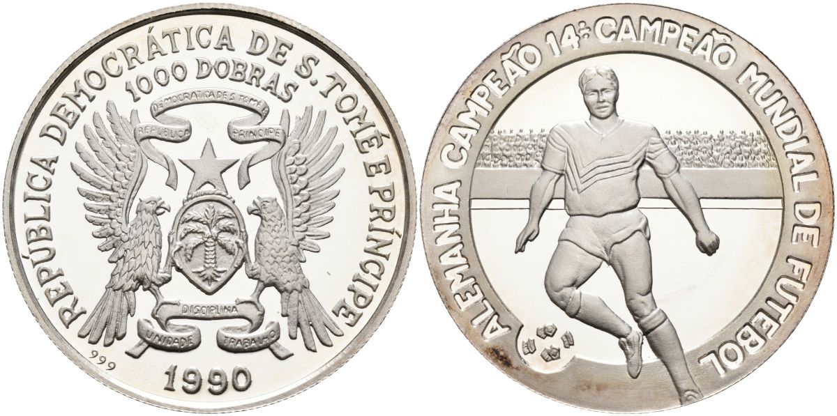 Сан-Томе и Принсипи 1000 добра 1990 чемпионат мира по футболу в Германии, один игрок KM 47 серебро PROOF 04-138-12