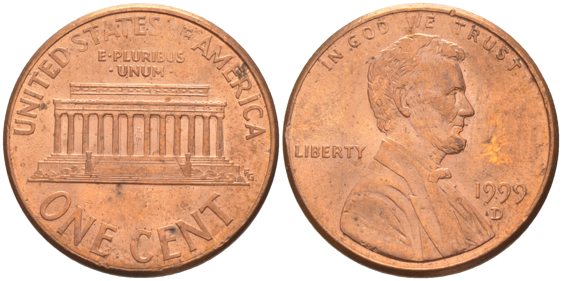 США 1 цент 1999 D, Авраам Линкольн KM 201b цинк плакированный медью UNC 187-1166