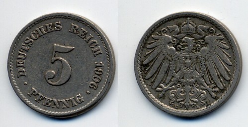 ГЕРМАНИЯ 5 ПФЕННИГОВ 1906 E, KM 11, J. 12 медно-никель 76-135