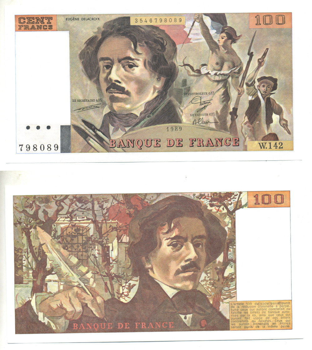 ФРАНЦИЯ 100 ФРАНКОВ 1989 ЭЖЕН ДЕЛАКРУА Pick 154d бумага UNC (ПРЕСС) 3295-41-2