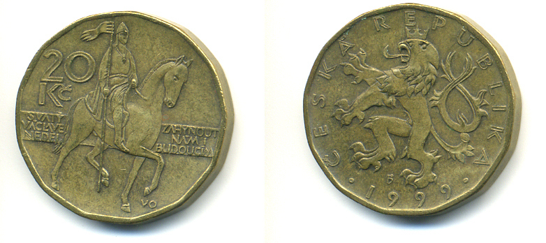 Чехия 20 крон 1999 чешский лев, герцог Вацлав на коне KM 5 сталь плакированная латунью 89-1633