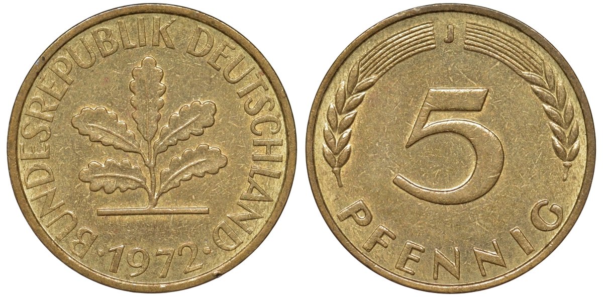 ФРГ 5 пфеннигов 1972 J KM 107, J.382 сталь плакированная латунью 4174-525