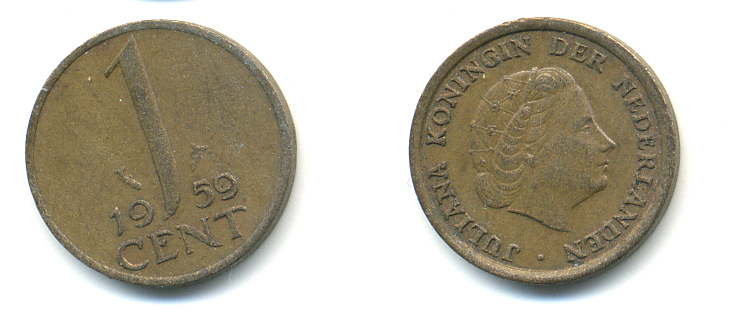 НИДЕРЛАНДЫ 1 ЦЕНТ 1959 ЮЛИАНА KM 180 бронза 83-927