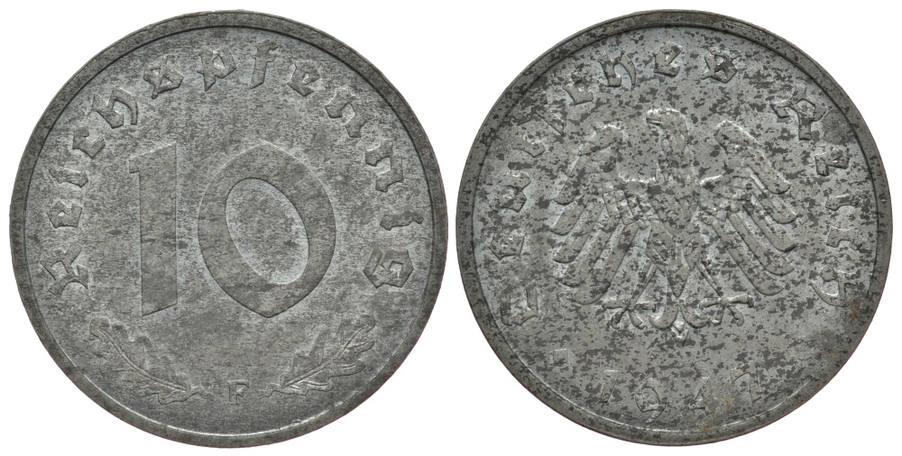 Германия 10 рейхспфеннигов 1947 F, оккупация Германии союзными войсками J. 375, KM A104 цинк aUNC 413-411