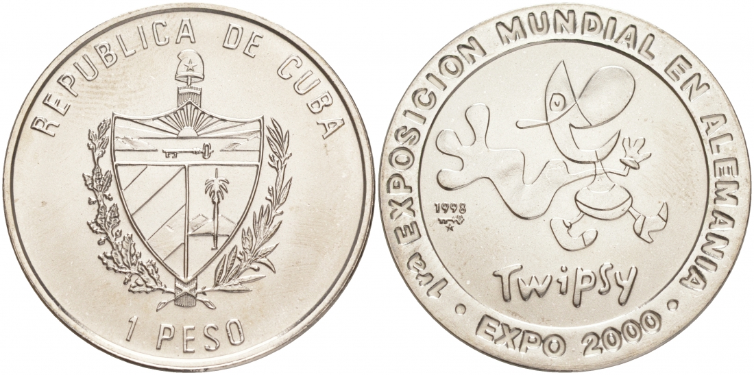 Куба 1 песо 1998 серия история мировых выставок, Ганновер 2000, ТВИПСИ KM 101 никелированная сталь UNC M27-14