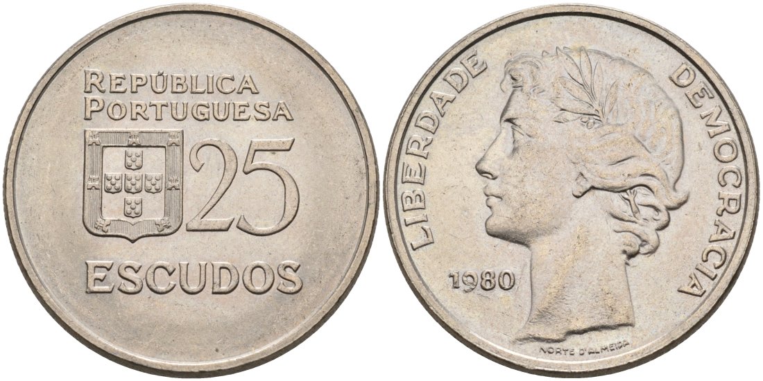 Португалия 25 эскудо 1980 первый год KM 607а медно-никель 4572-1121