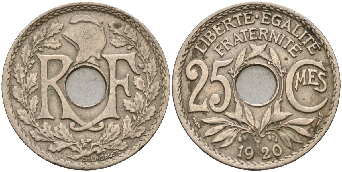 Франция 25 сантимов 1920 тип Lindauer KM 867а, Le Franc 171.4 медно-никель 4126-632