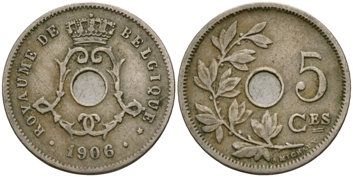 Бельгия 5 сантимов 1906 BELGIQUE KM 54 медно-никель 4174-254