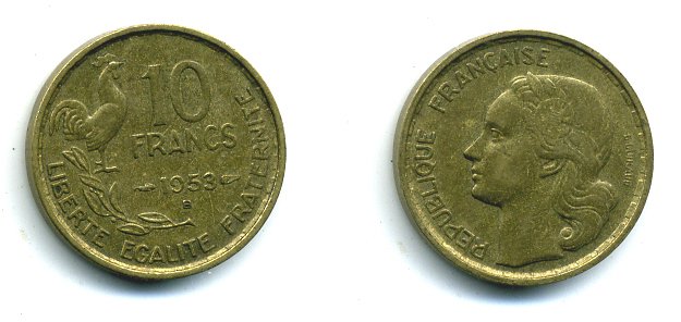 Франция 10 франков 1953 B, петух KM 915.2, Le Franc 363.9 алюминиевая бронза 46-433