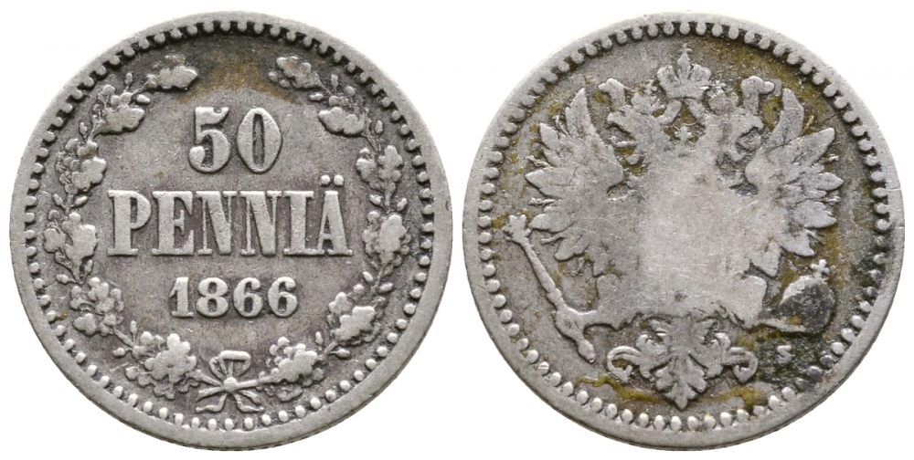 Россия для Финляндии 50 пенни 1866 S, Александр II (1855-1881) KM 2.1, Биткин 634 серебро 413-4011