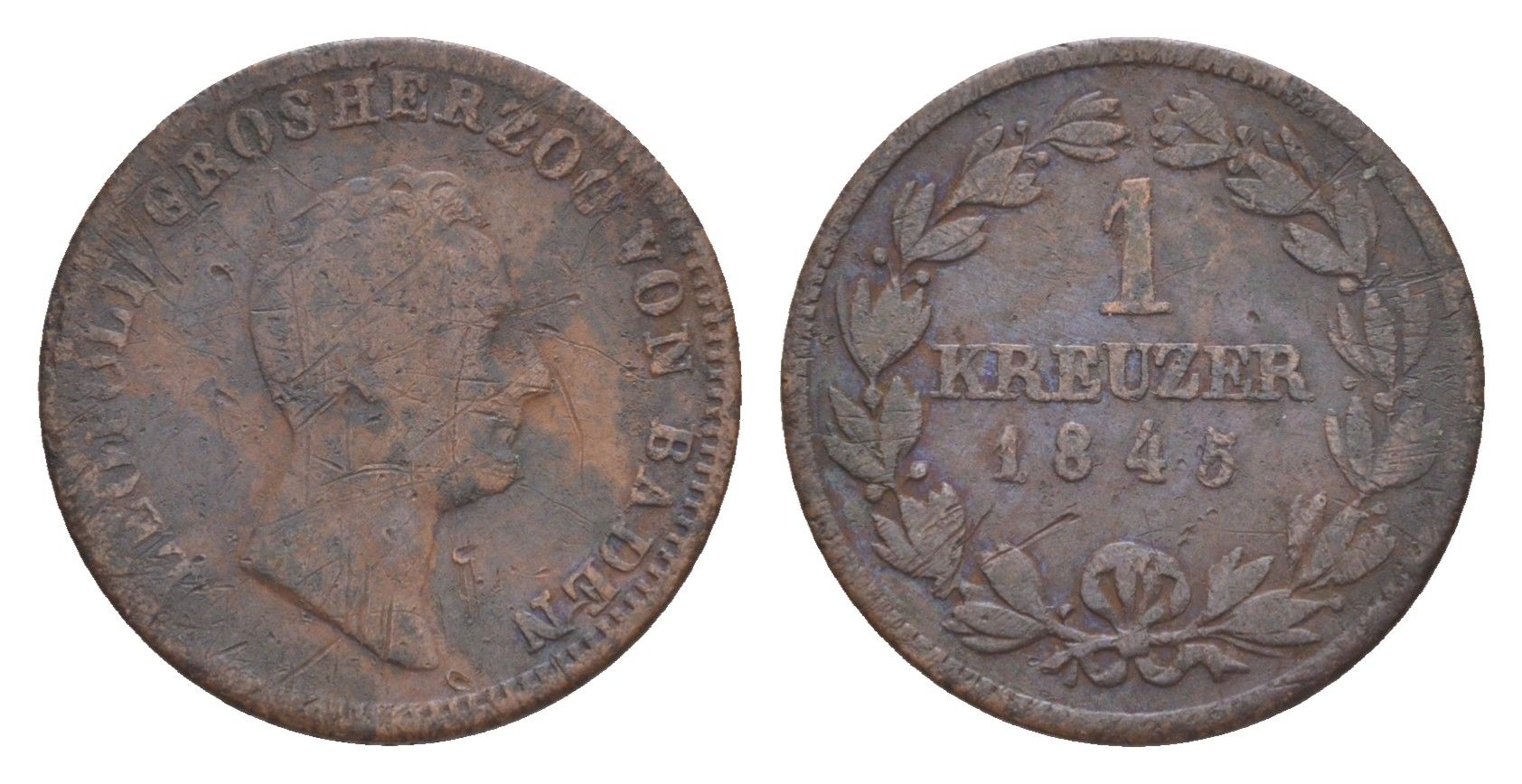 Баден 1 крейцер 1845 Леопольд (1830-1852) KM 203 медь 4639-449