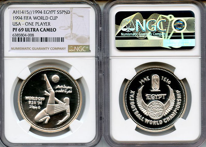 Египет 5 фунтов 1994 15 Чемпионат мира по футболу в США, удар через себя, в слабе NGC PF 69 ULTRA CAMEO KM 738 серебро  PROOF  00-000-00
