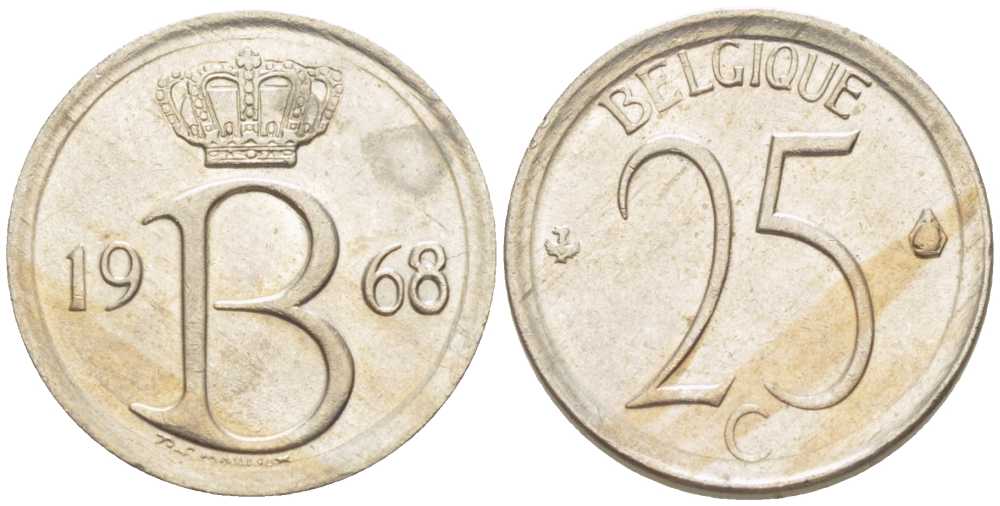 Бельгия 25 сантимов 1968 Belgique, Бодуэн I (1951-1993) KM 153.1 медно-никель 201-1264