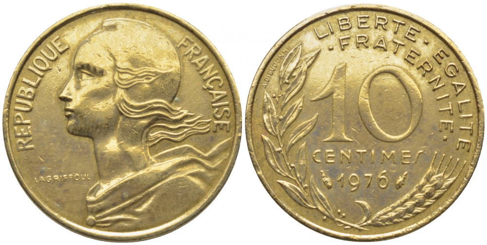 ФРАНЦИЯ 10 САНТИМОВ 1976 ТИП MARIANNE KM 929, LE FRANC 144.16 алюминиевая бронза 112-359