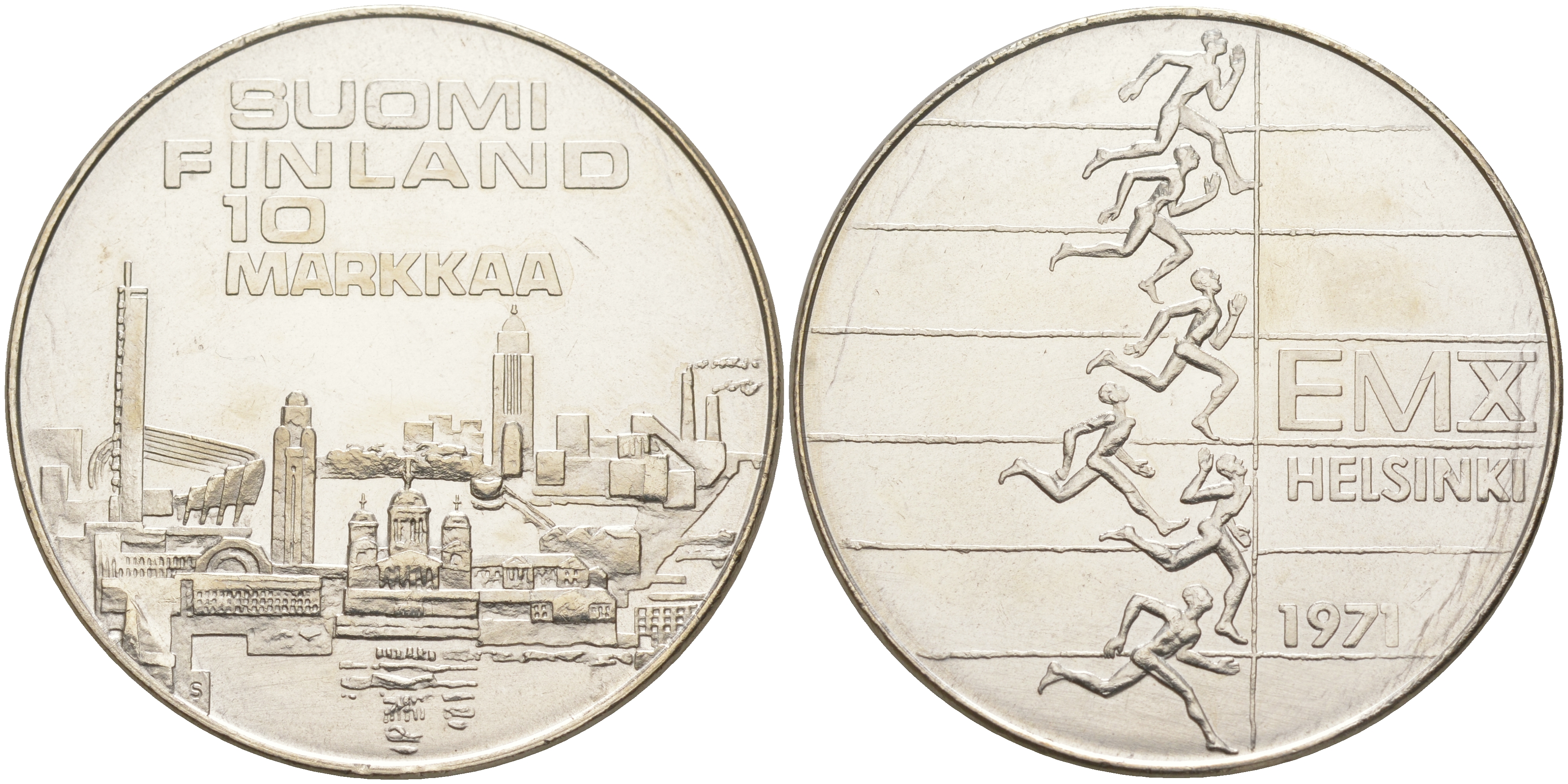 Финляндия 10 марок 1971 S-H, X Чемпионат Европы по легкой атлетике KM 52 серебро UNC 1523-632