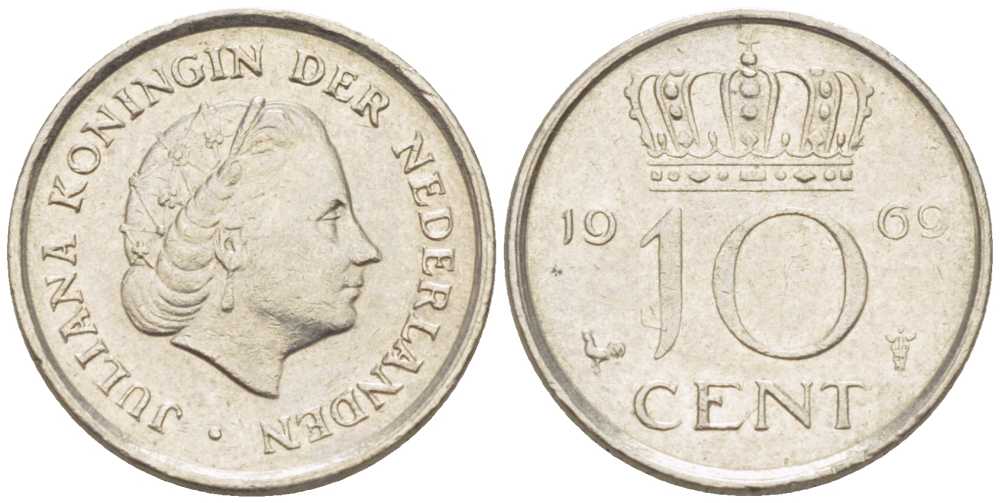 Нидерланды 10 центов 1969 Юлиана (1948-1980) KM 182 никель 214-1236