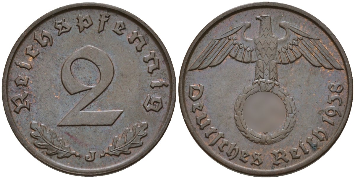 Германия 2 рейхспфеннига 1938 J KM 90, J. 362 бронза 4151-119