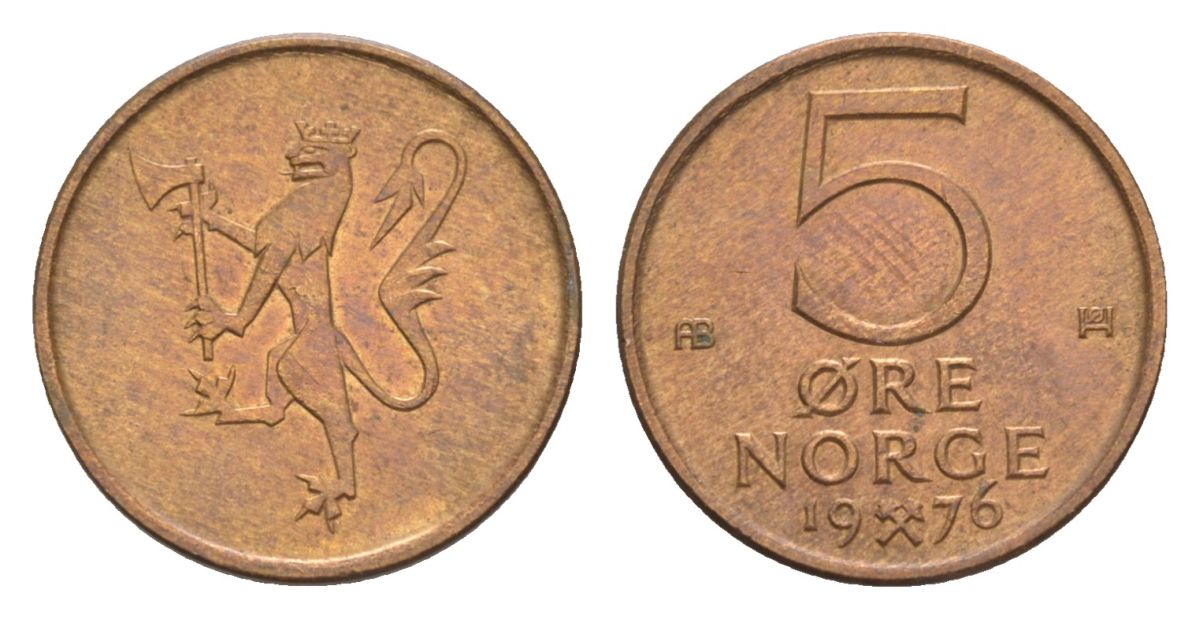 Норвегия 5 эре 1976 Улаф V (1957-1991) KM 415 бронза UNC 4632-1263