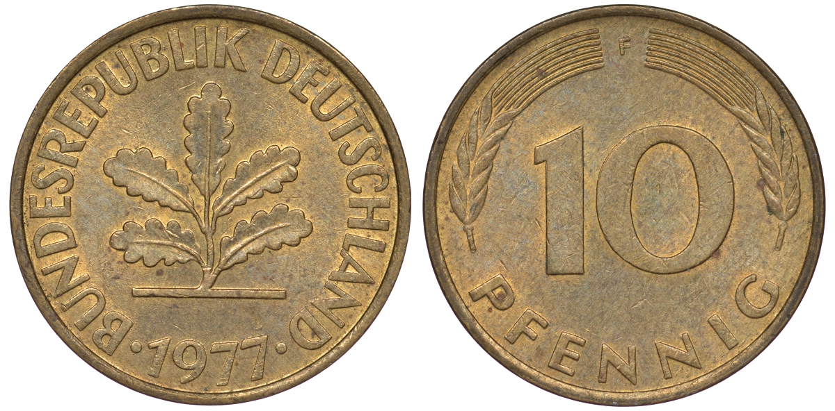 ФРГ 10 пфеннигов 1977 F KM 108, J.383 сталь плакированная латунью 25-1745