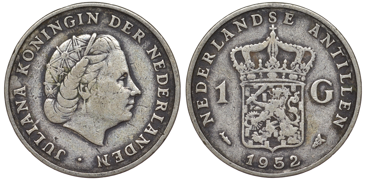 Нидерландские Антилы 1 гульден 1952 Юлиана (1948-1980) KM 2 серебро 36-923
