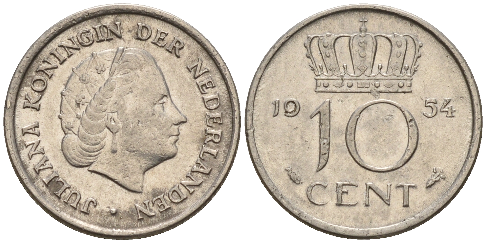 Нидерланды 10 центов 1954  КМ 182 никель    4160-1247