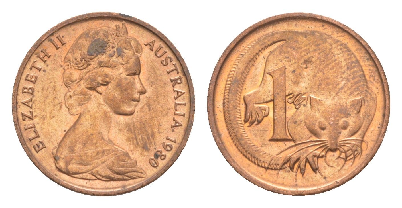 Австралия 1 цент 1980 Елизавета II (1952-2022), молодой портрет, опоссум KM 62 бронза UNC 4585-621
