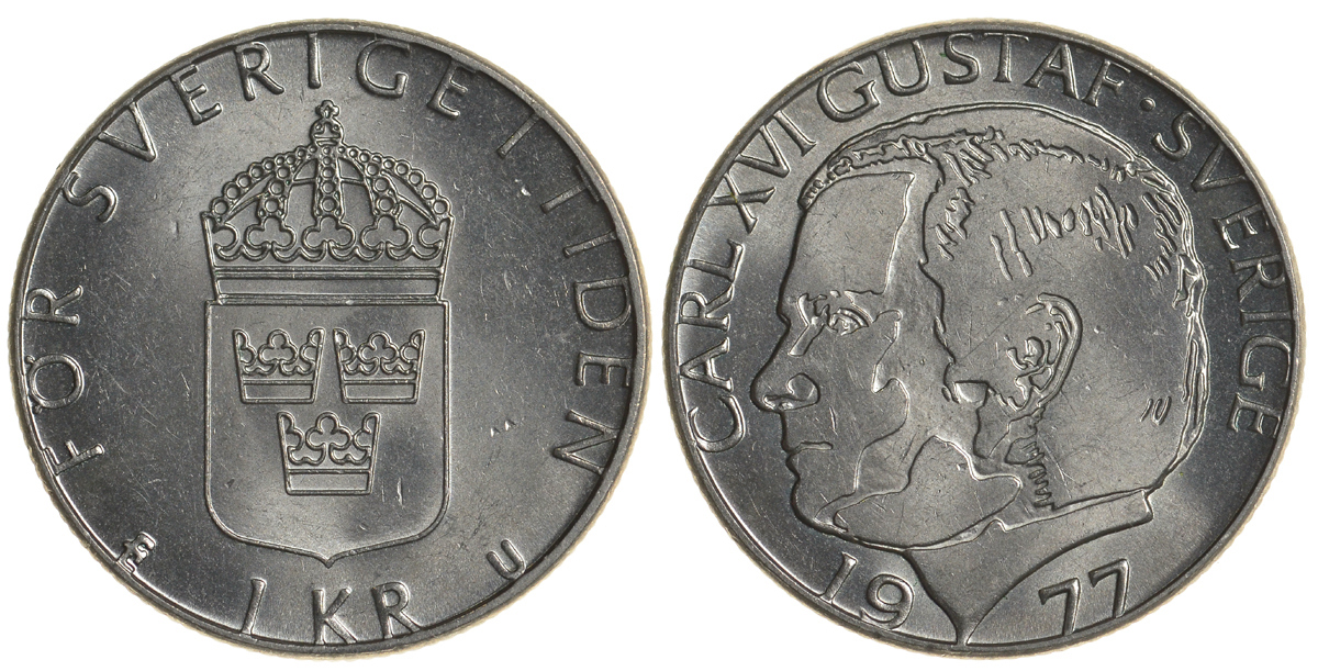 Швеция 1 крона 1977 Карл XVI Густав (1973- ) KM 852 медь плакированная медно-никелем UNC 4179-914