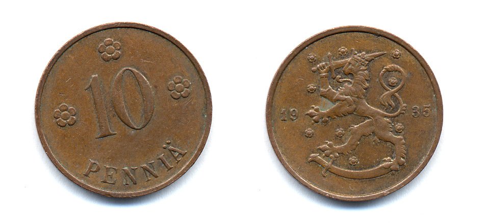 Финляндия 10 пенни 1935 республика (1918-1962) KM 24 медь 51-5442