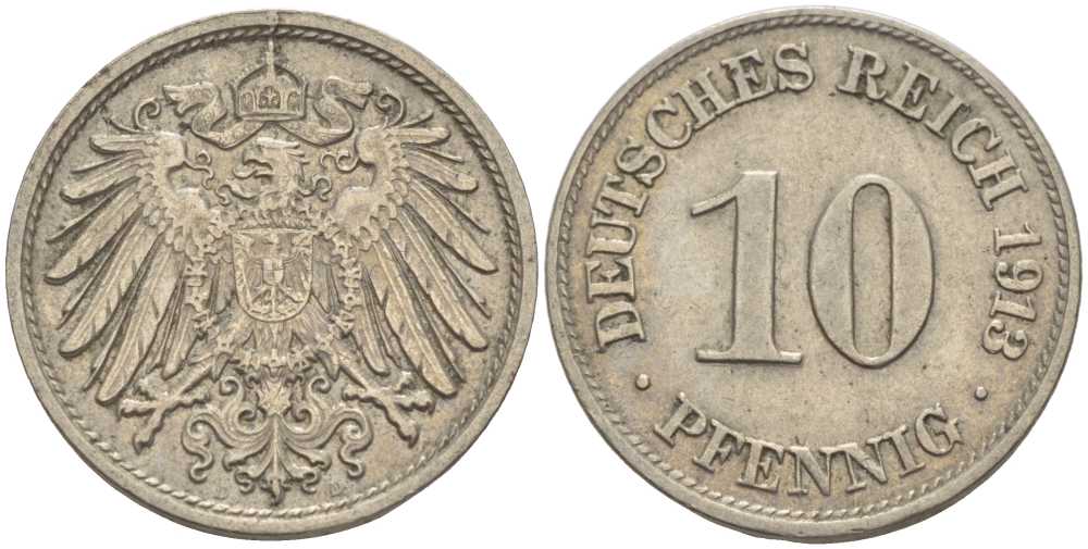 ГЕРМАНИЯ 10 ПФЕННИГОВ 1913 D KM 12, J. 13 медно-никель 33-636
