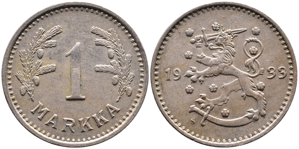 ФИНЛЯНДИЯ 1 МАРКА 1933 S KM 30 медно-никель 4388-946