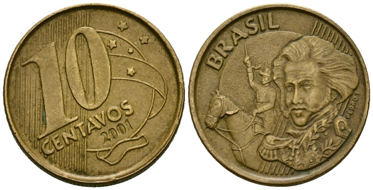 Бразилия 10 сентаво 2001 KM 649.2 сталь плакированная латунью 4167-255