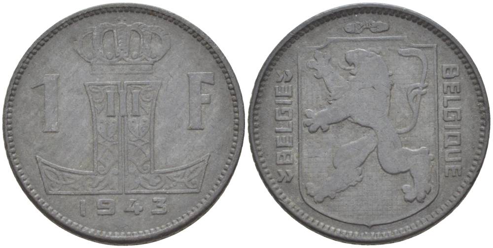 БЕЛЬГИЯ 1 ФРАНК 1943 BELGIE-BELGIQUE KM 128 цинк 4546-237
