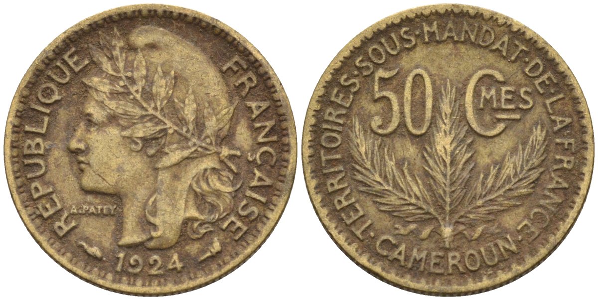 Французский Камерун 50 сантимов 1924 (а), монетный двор Париж KM 1 алюминиевая бронза 4164-1165