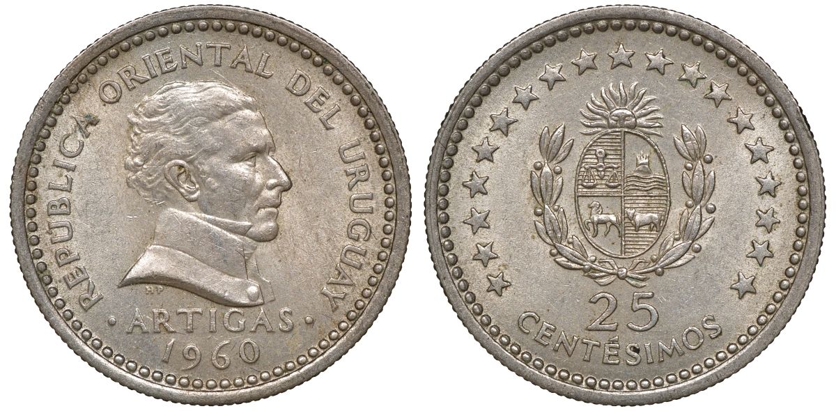 Уругвай 25 сентесимо 1960 KM 40 медно-никель 4169-849
