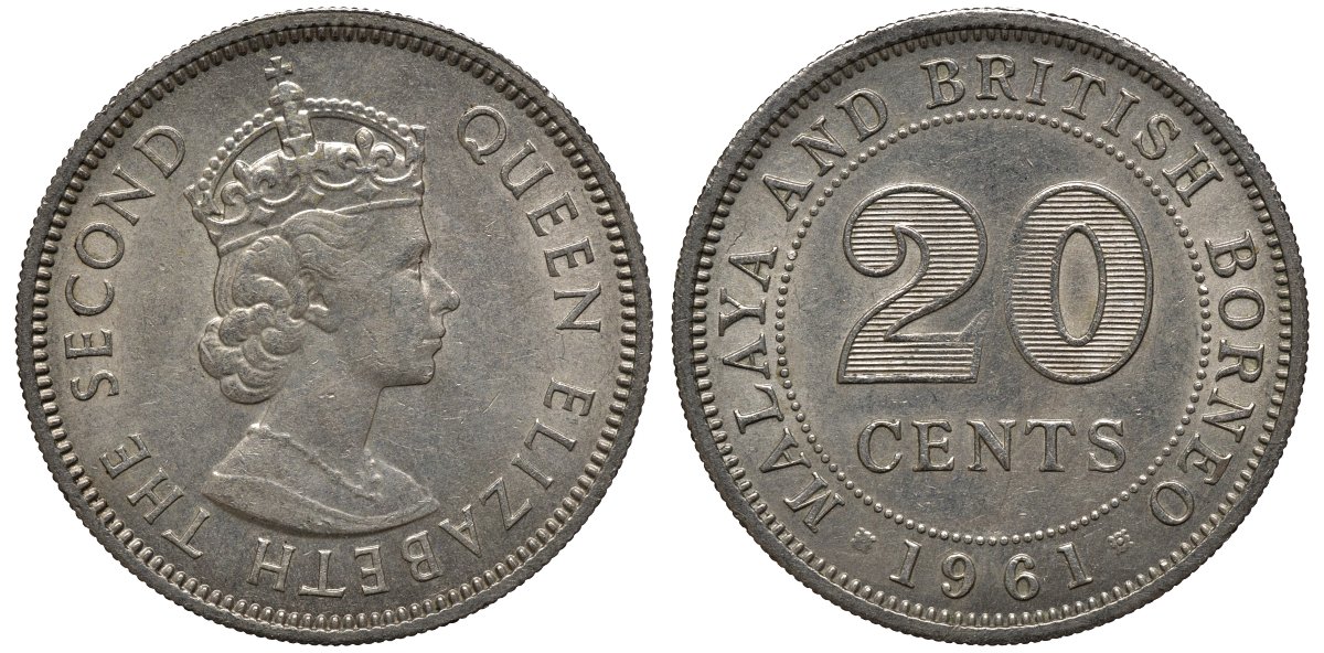 Малайя и Британское Борнео 20 центов 1961 Елизавета II (1952-2022) KM 3 медно-никель 4563-213