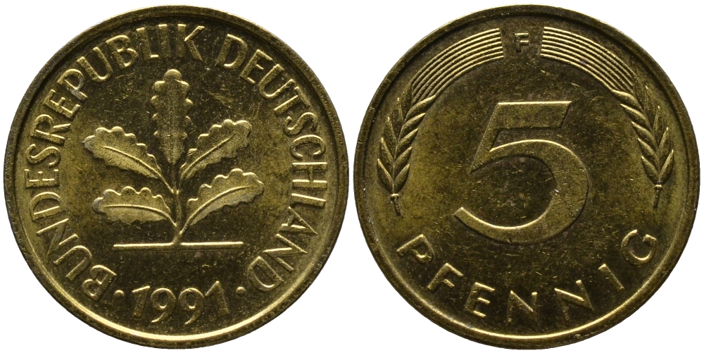 ФРГ 5 ПФЕННИГОВ 1991 F KM 107, J. 382 сталь плакированная латунью 33-226