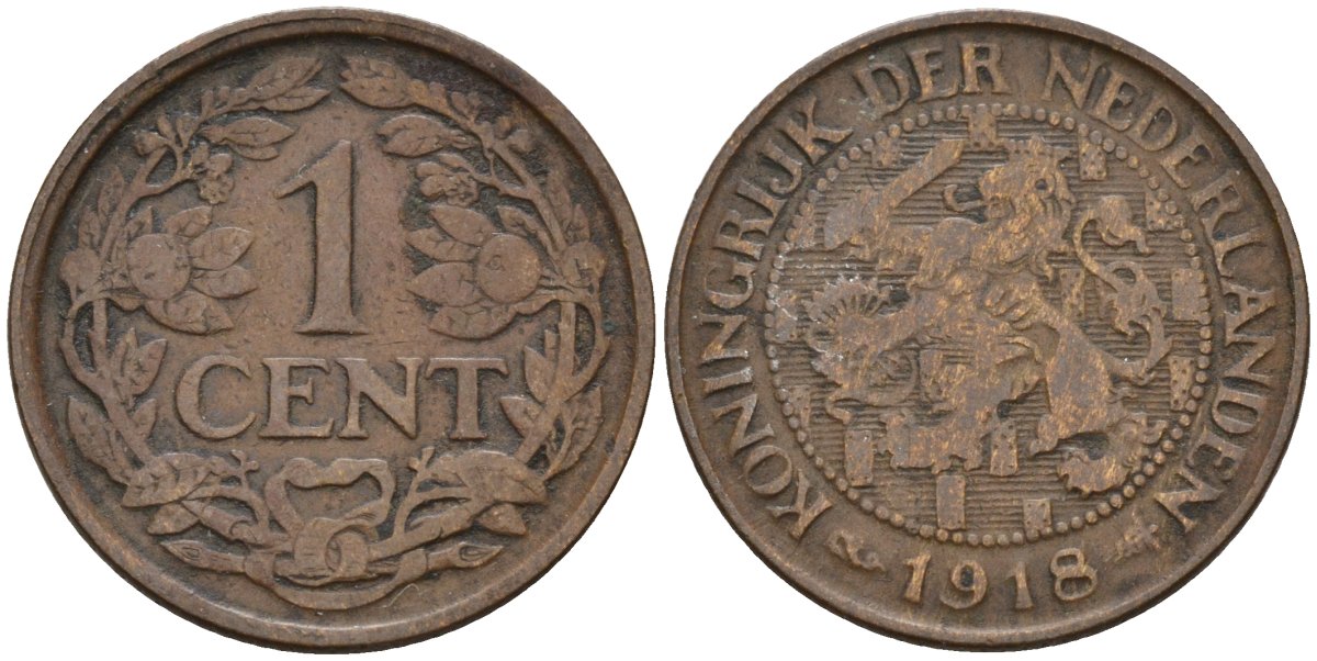 Нидерланды 1 цент 1918 Вильгельмина I (1891-1948) KM 152 бронза 4596-525