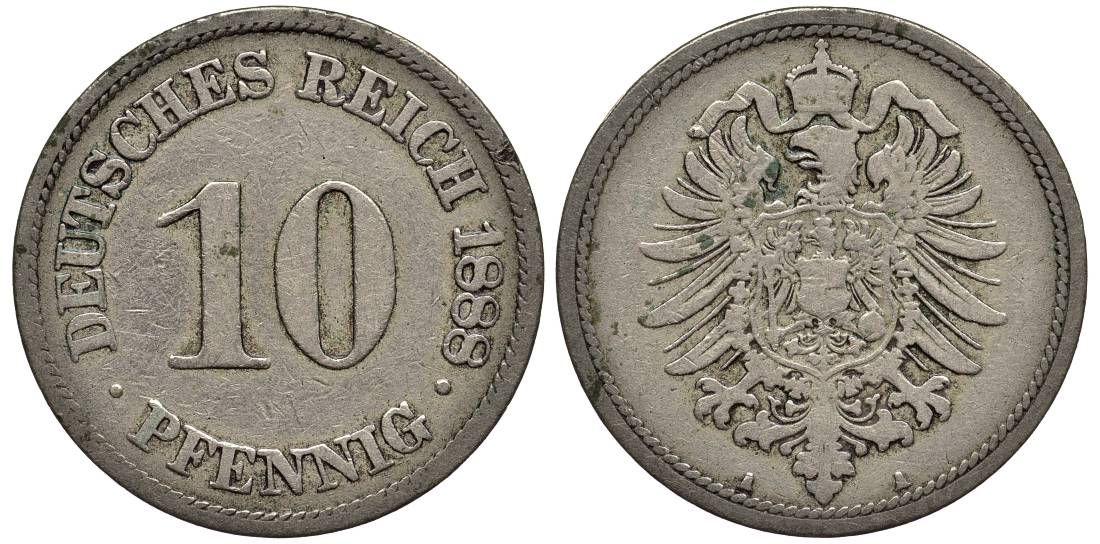 ГЕРМАНИЯ 10 ПФЕННИГОВ 1888 A, СТАРОГЕРБОВКА KM 4, Jager 4, Weege 7 медно-никель 4543-551